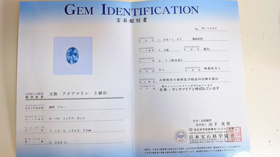 日本宝石科学協会 】サンタマリアアクアマリン鑑別書 – LeCiel Jewelry